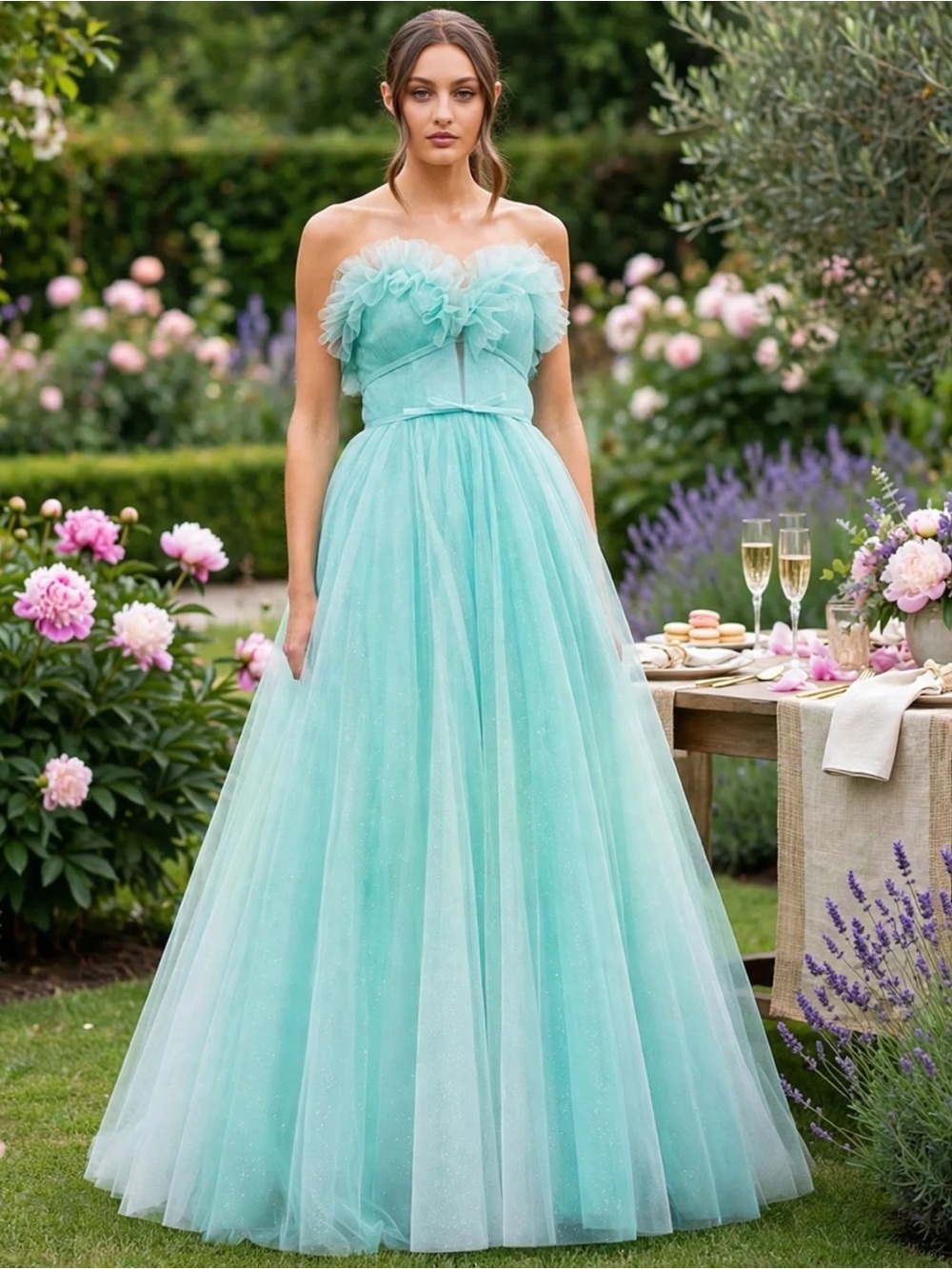 Mac Duggal Strapless Ruffle Trim Sweetheart Neck Bow Detail Glitter Tulle Gown 2